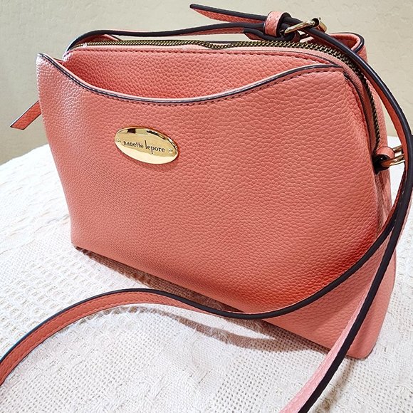 Nanette Lepore Peach Pink Three Pocket Dressy Gold Accent Crossbody Bag Purse - Picture 2 of 15